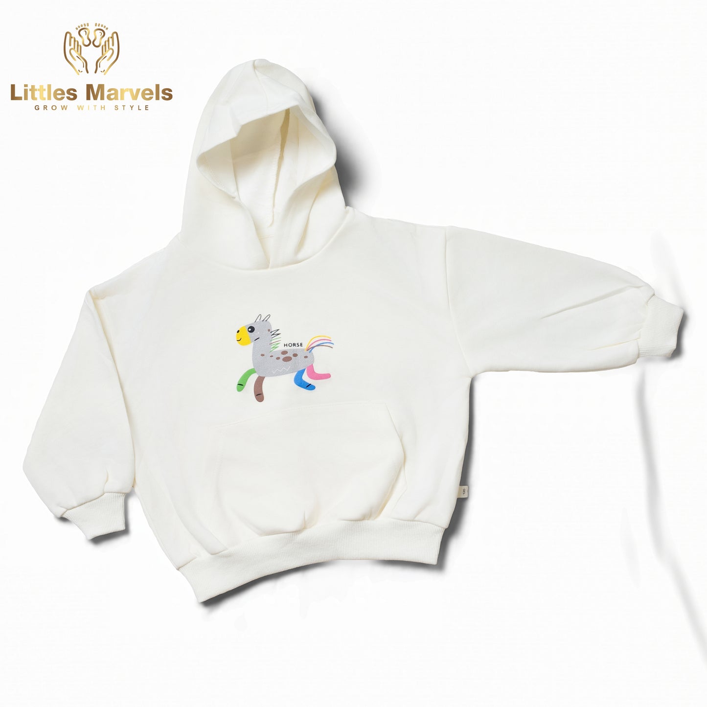 Light blue , light skin hooded sweatshirt with a cartoon horse design