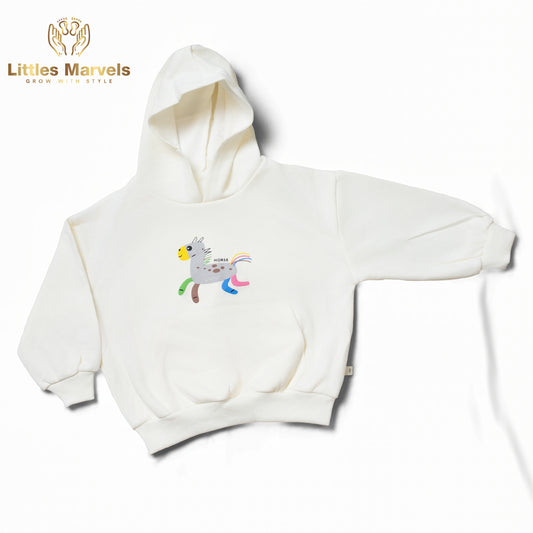 Light blue , light skin hooded sweatshirt with a cartoon horse design
