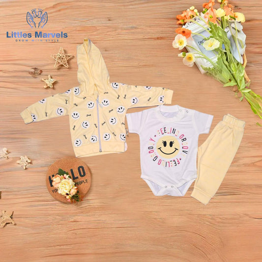 - A yellow , sky blue and pink zip-up jacket with white smiley faces.