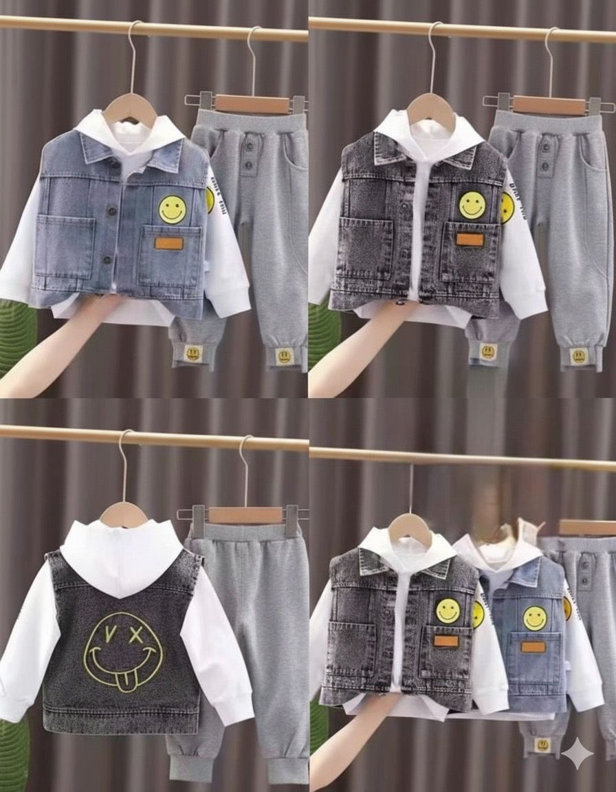 A white hoodie - A denim vest with smiley face designs
