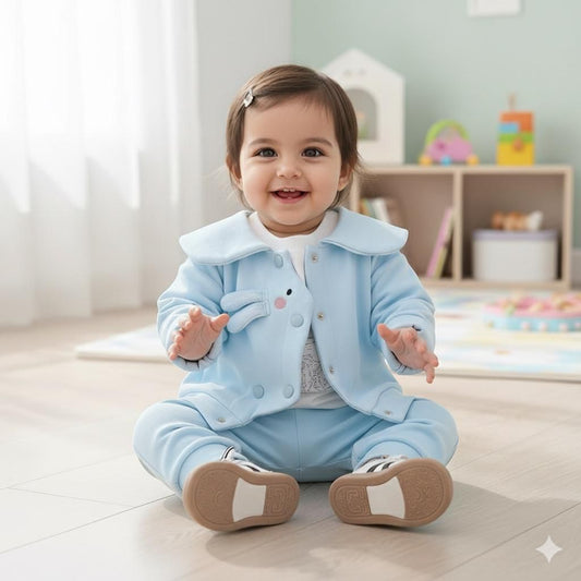 A light blue jacket with a collar and bunny design on the front