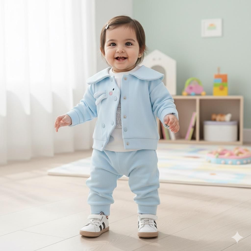 A light blue jacket with a collar and bunny design on the front