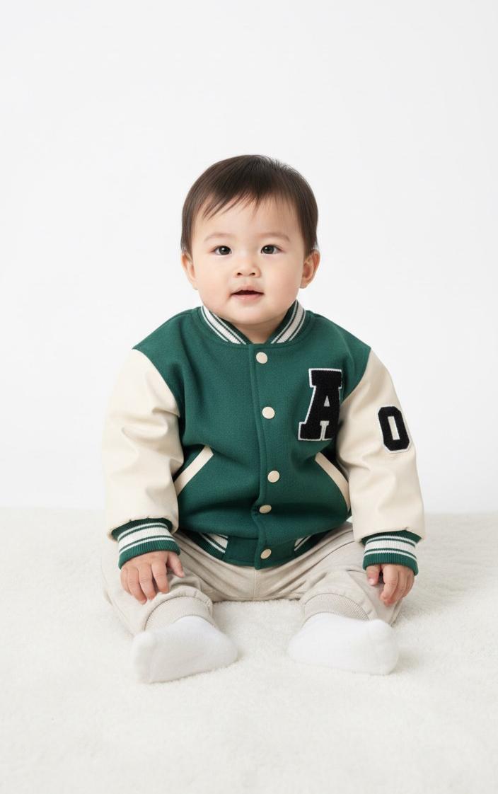 Green jacket with white sleeves.