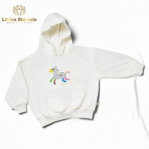 Light blue , light skin hooded sweatshirt with a cartoon horse design.