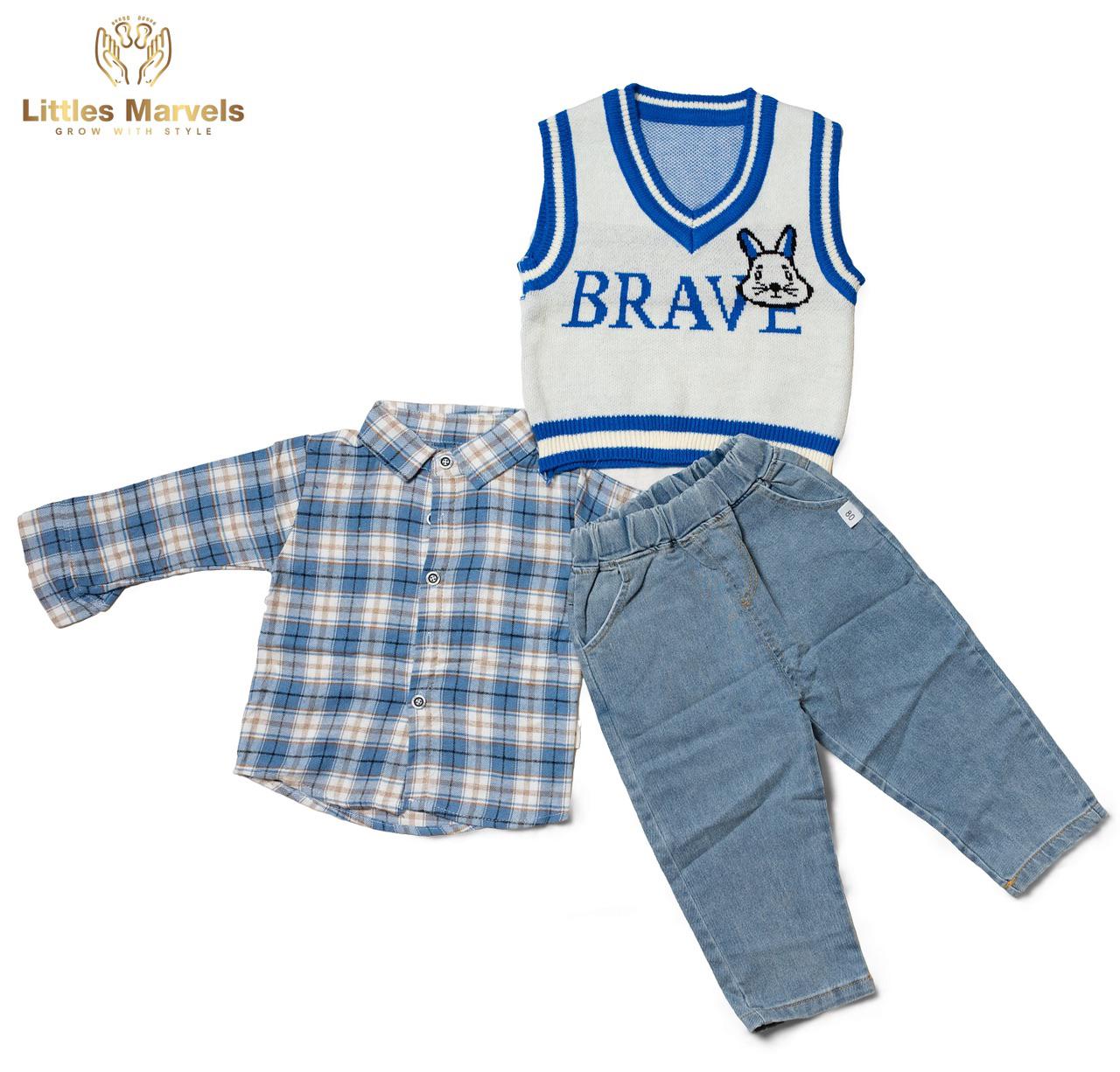 Plaid shirt with white and blue trim. Light blue jeans