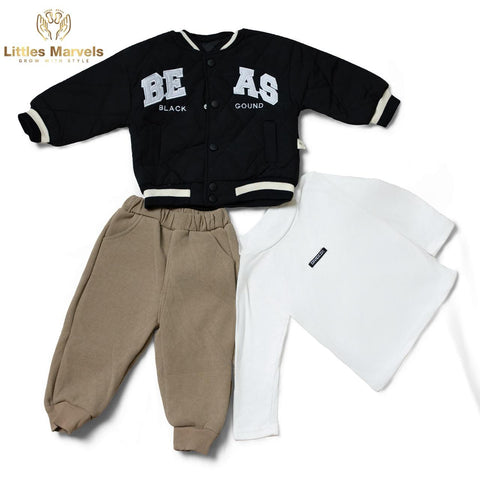 Black Jacket White T-shirt, Tan Corduroy Pant.