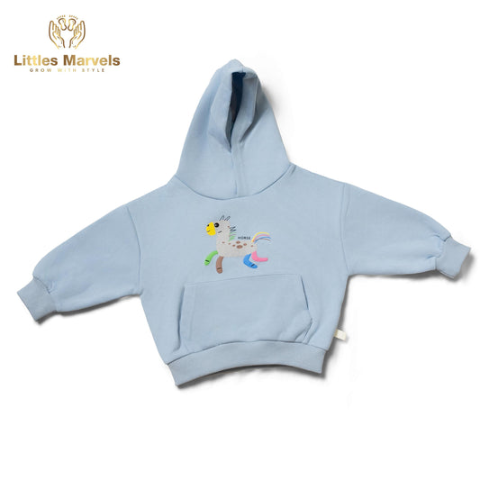 Light blue , light skin hooded sweatshirt with a cartoon horse design