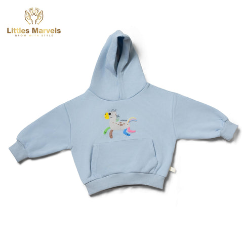Light blue , light skin hooded sweatshirt with a cartoon horse design.