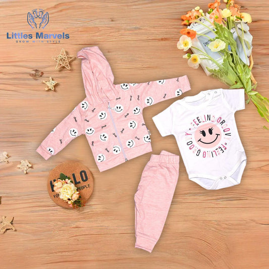 - A yellow , sky blue and pink zip-up jacket with white smiley faces.