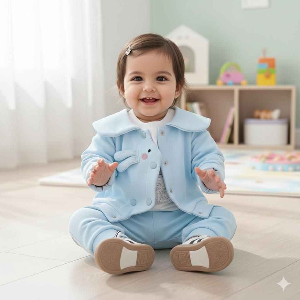 A light blue jacket with a collar and bunny design on the front