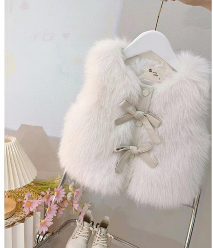 White Faux-Fur Bow Accent Vest for Toddlers