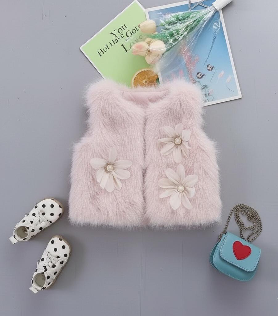 Pink Faux-Fur Floral Vest for Toddlers